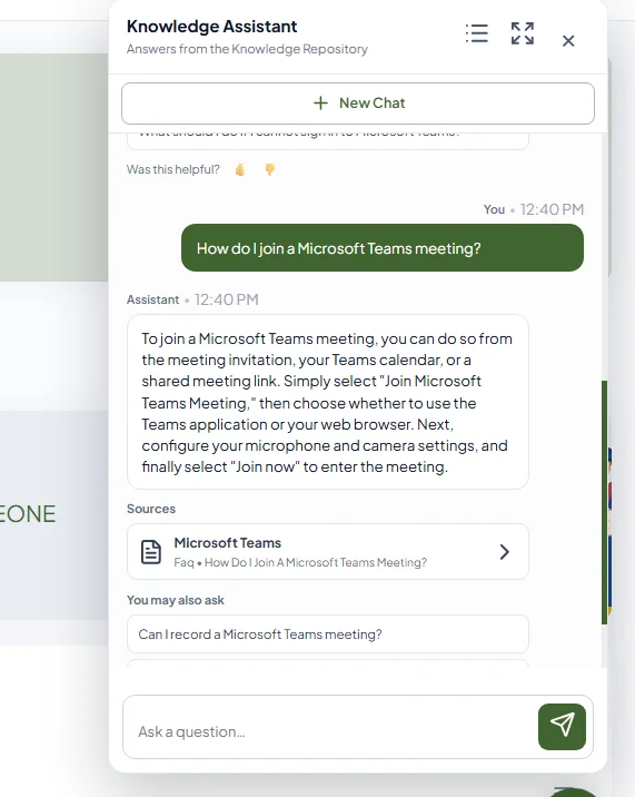 The Knowledge Assistant answering a question, with a Sources panel citing the source document and a “You may also ask” list of follow-up questions.