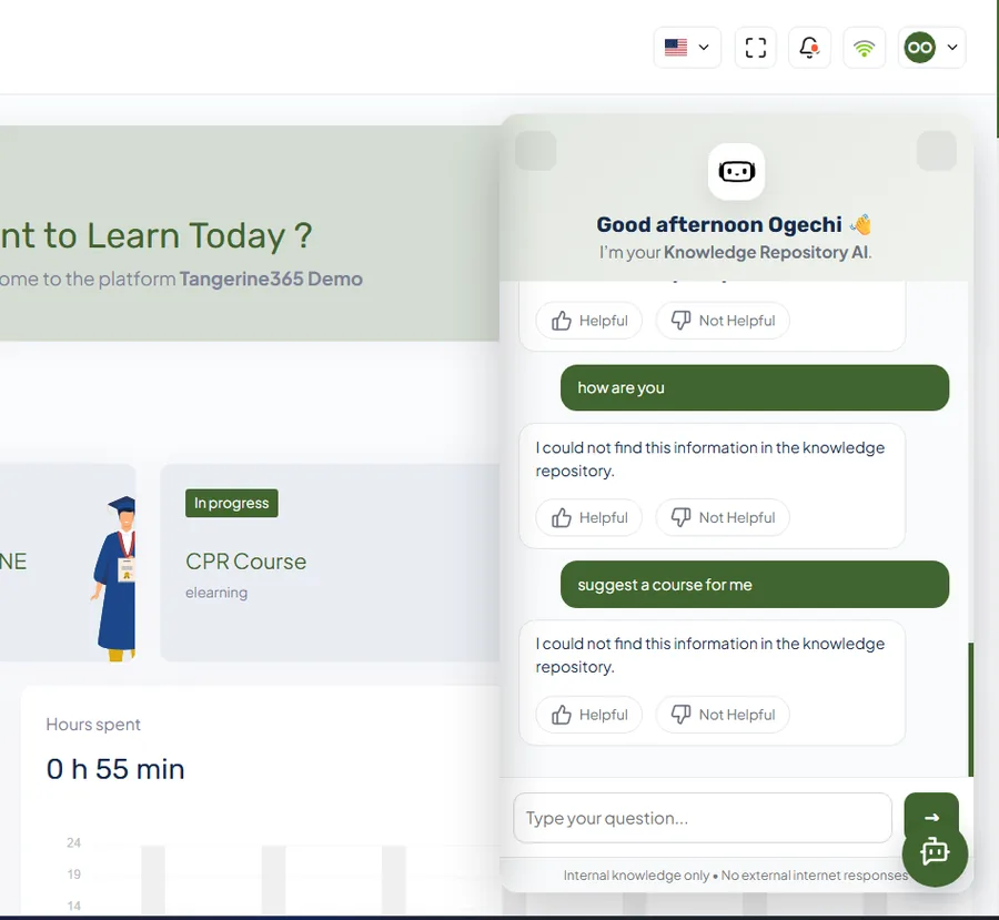 The Knowledge Assistant replying “I could not find this information in the knowledge repository”, with the footer note “Internal knowledge only - no external internet responses”.
