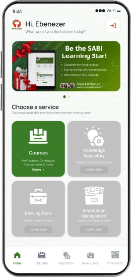 Tangerine365 mobile app Home screen greeting the learner, with a promotional banner and tiles for Courses, Knowledge Repository, Banking Tools and Information Management.