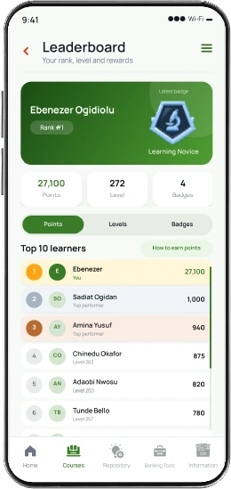 Tangerine365 mobile app Leaderboard screen showing rank, points, level, badges and the top ten learners.