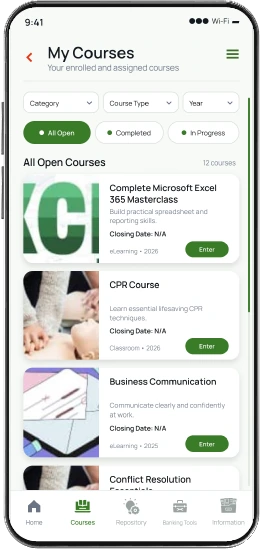 Tangerine365 mobile app My Courses screen listing enrolled courses with category, type and year filters.