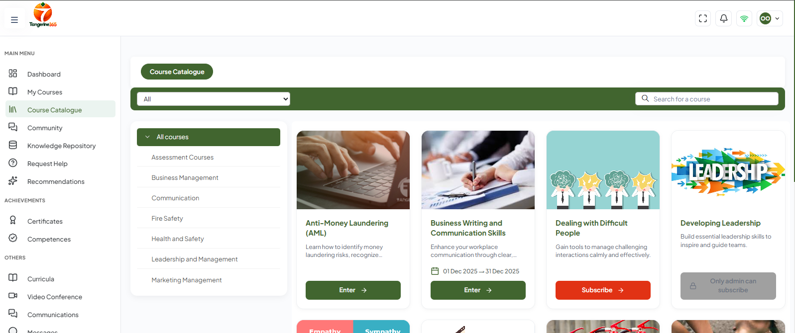 Tangerine365 course catalogue with category filters and course cards showing closing dates and enrolment actions.