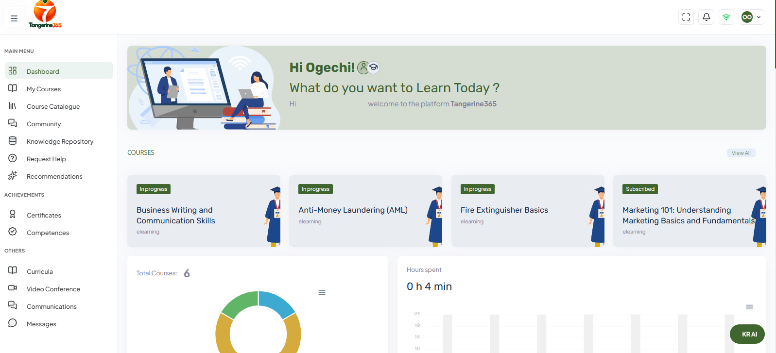 Tangerine365 learner dashboard showing course progress, hours spent and the Knowledge Assistant panel answering a question with its sources listed.