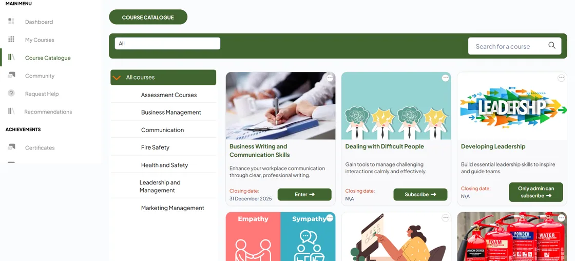 Tangerine365 course catalogue with course categories on the left and course cards for Business Writing, Dealing with Difficult People and Developing Leadership.
