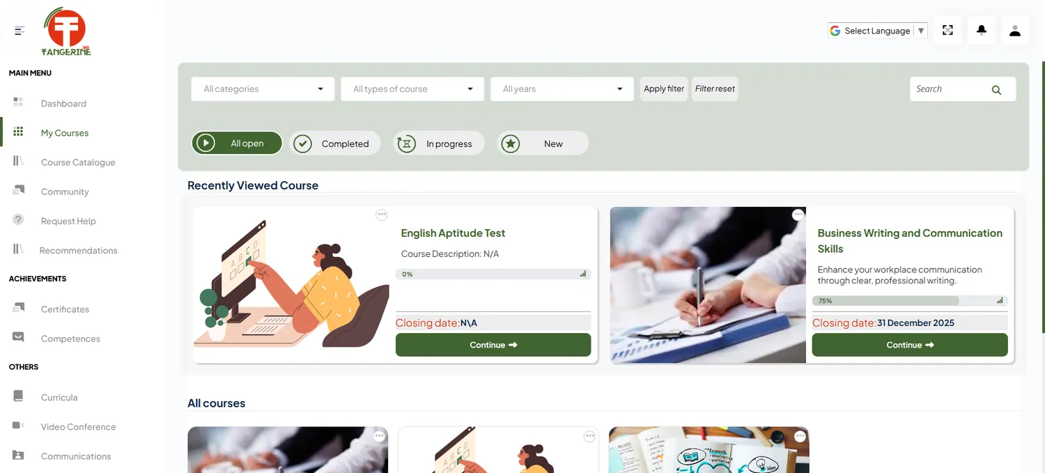 A learner’s My Courses view in Tangerine365 listing enrolled courses and their status.